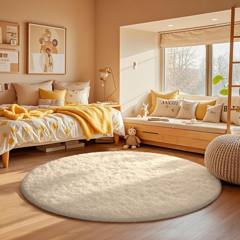 Baby Nursery Rug - Okrągły kremowy biały dywan miękki puszysty