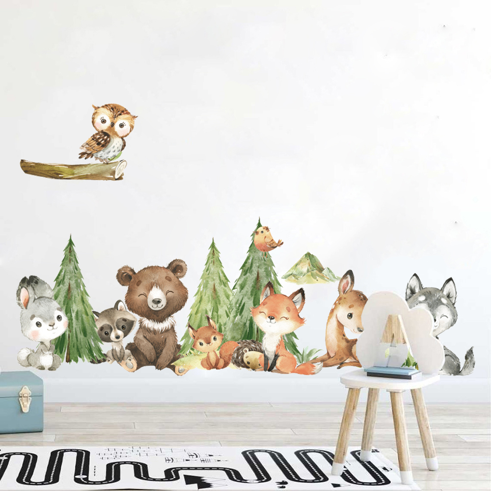 Baby Nursery Tree - Kreskówka Akwarela Las Zwierzę Naklejka ścienna