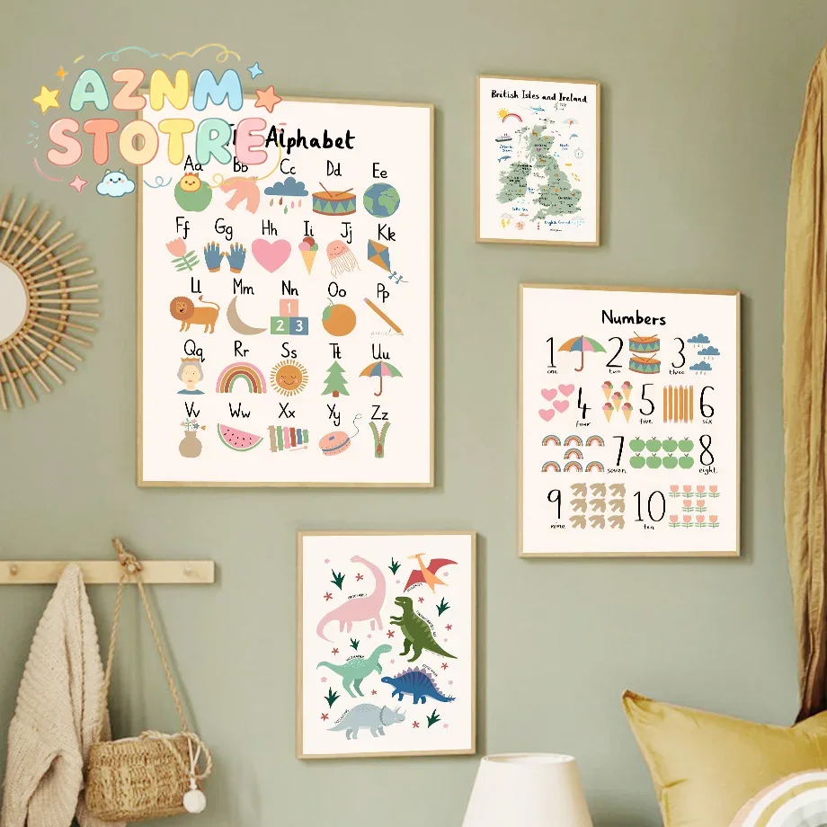 Baby Nursery Things - Mapa świata zwierząt, dinozaury, alfabet, cyfry
