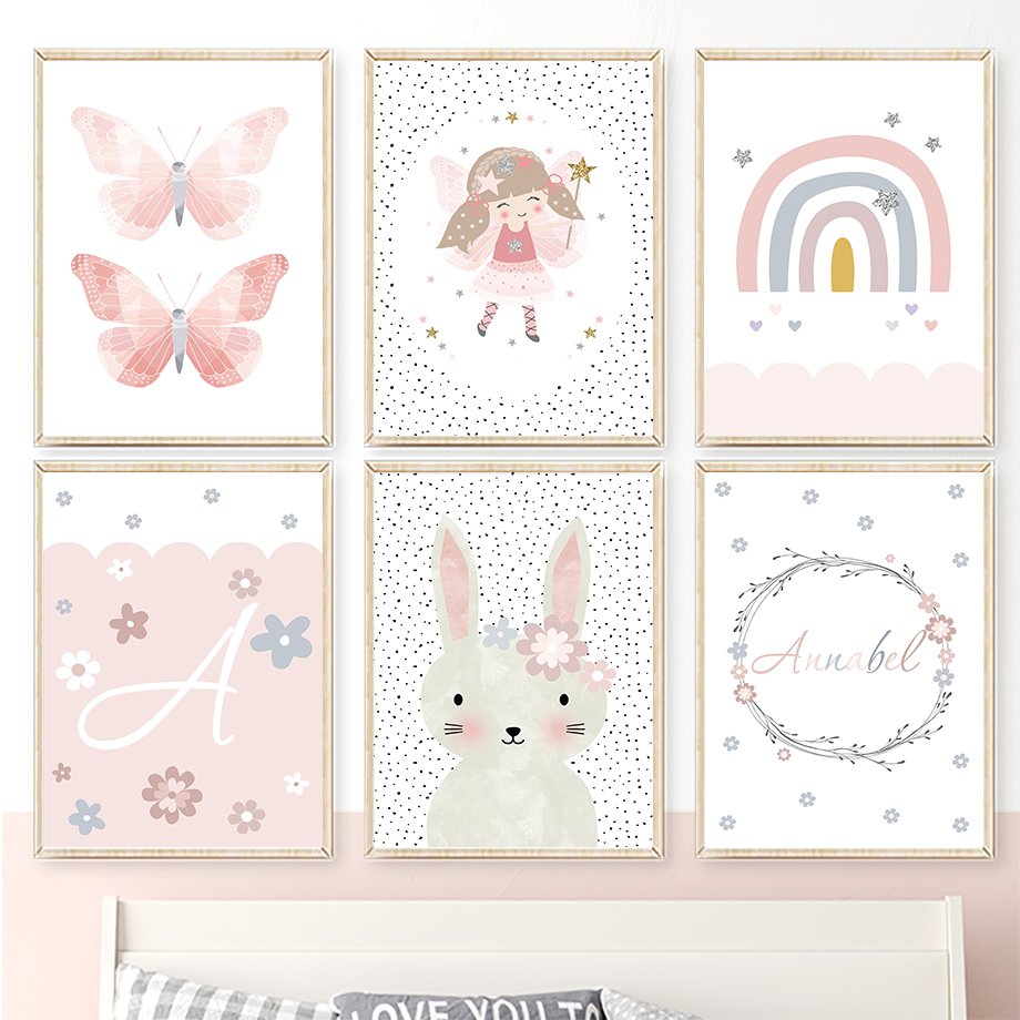 Baby Nursery Posters - Urocza Dziewczynka Królik Kwiat Motyl Tęcza